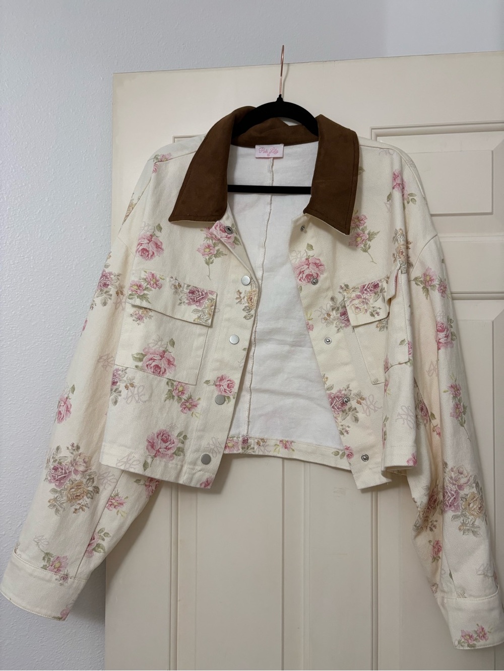 Pink Lily Cream Floral Cropped Jean Jacket with Brown Collar